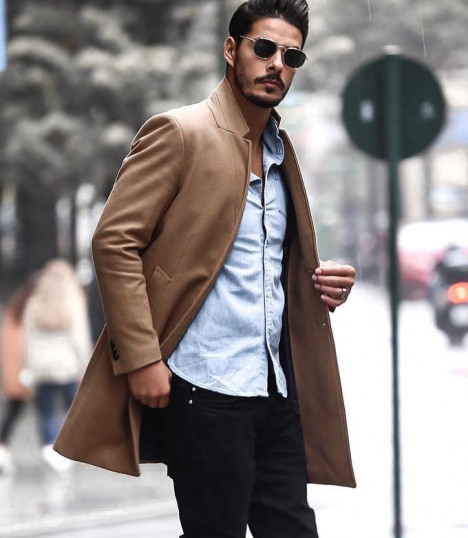 Men s Autumn Winter Style Look Brown Coat Jeans Shirt Black