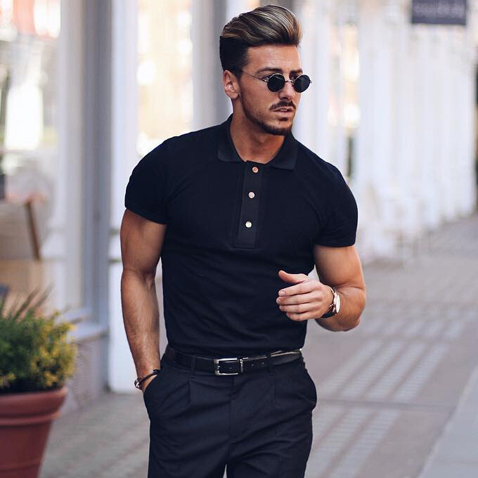 Black polo shirt mens hot sale outfit