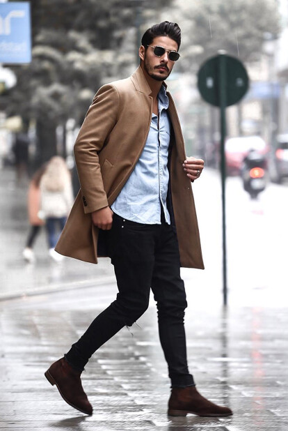Men's Autumn Winter Look: Brown Coat, Black Jeans And Brown Chelsea Boots | MEN'S VECTOR