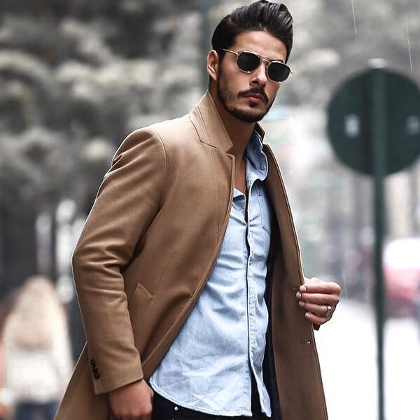 Men's Autumn Winter Style Look: Brown Coat, Jeans Shirt, Black