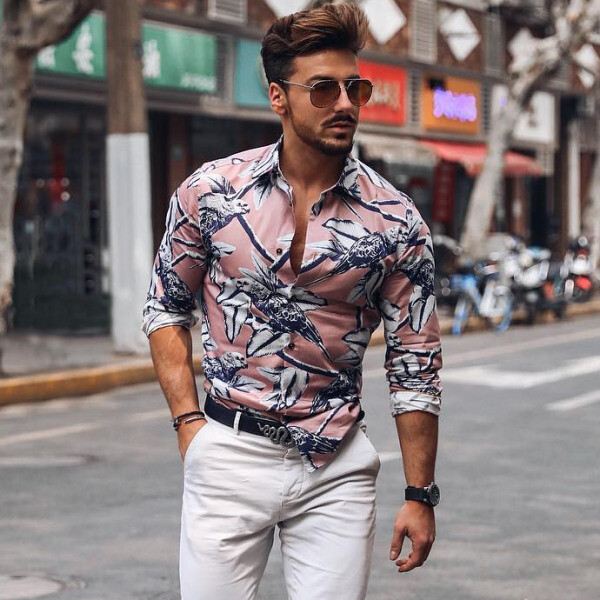 Stylish mens look of a painted pink shirt and white trousers  MENS VECTOR