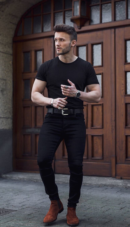 With black t shirt and black boots  Mens outfits, Mens fashion casual, Men  casual