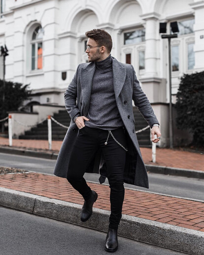Men's Winter Style: Gray Coat And Black Jeans Combined With Steel  Accessories | MEN'S VECTOR
