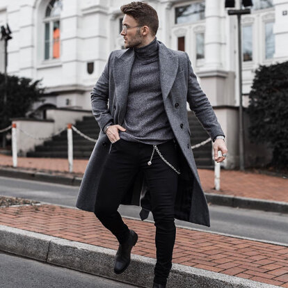 Men's Winter Style: Gray Coat And Black Jeans Combined With Steel  Accessories | MEN'S VECTOR