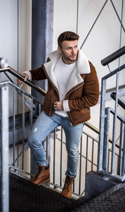 Men's Winter Style: Brown Jacket With Light Blue Jeans, Combined With Steel  Accessories | MEN'S VECTOR