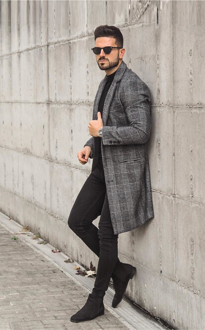 Winter/Autumn Style Look: Gray Coat, Black Turtleneck, Black Jeans And Black Chelsea Complemented with Men's Jewellery | MEN'S VECTOR