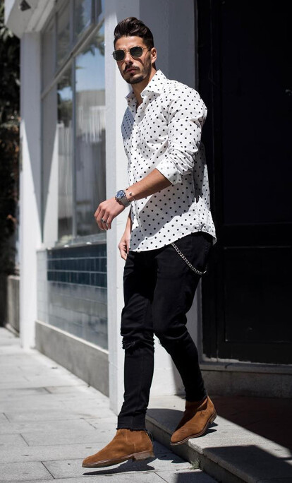 Men's Outfit: Polka Dot Shirt, Jeans, Chelsea Boots | MEN'S VECTOR