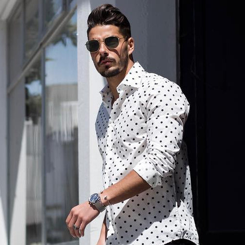 mens white shirt with black polka dots